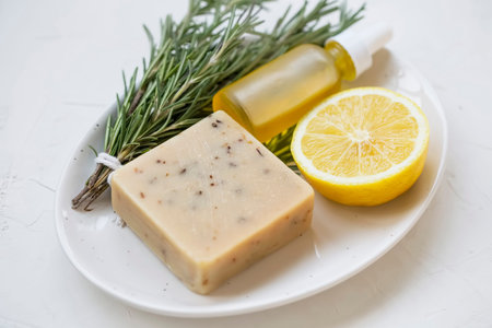 Organic natural spa and skincare ingredients with natural soap, lemon, oil bottle and rosemary herb,...