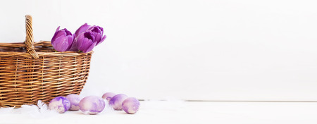 Spring Easter painted eggs with tulips bouquet in a basket, spring Easter holiday card decoration with copy spaceの写真素材