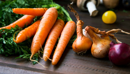 Bio organic vegetables with carrots , onions and garlic, fresh healthy bio veggies from garden