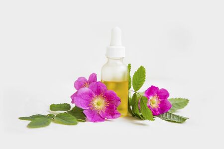 Rosehip oil bottle, rosehip flowers and  glass bottle, beauty skinacre face oilの写真素材