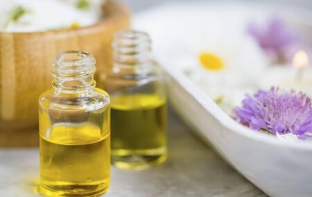 Spa still life setting with oil bottle for beauty treatments, spa and wellness still life backgroundの写真素材