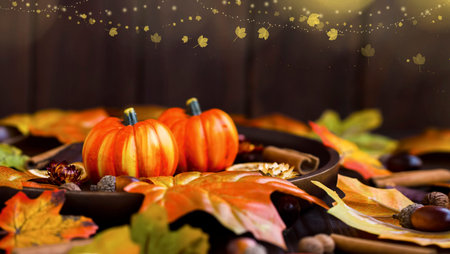 Autumn festive pumpkins decorations with dried leaves, indoor fall composition with pumpkins, leaves...