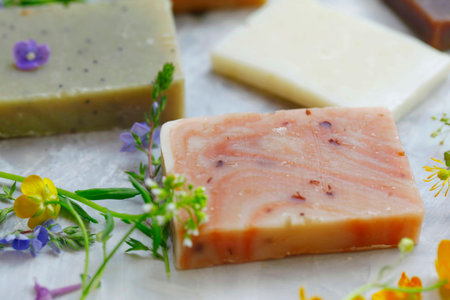Natural soaps bars with floral oils and extracts, homemade natural organic bodycare products