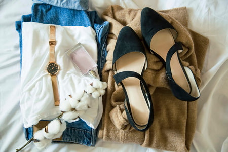 Casual female outfit idea with white t shirt, jeans , pointed ballet flats, cashmere cardigan,...