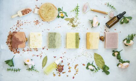 Organic natural soap bars with plants extracts, handmade soap, top shotの写真素材