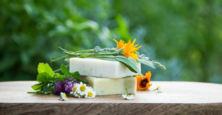 Natural soap with oil bottles and herbs, spa and wellness products