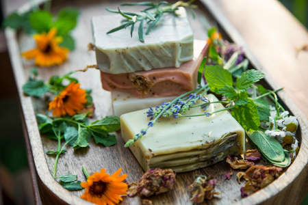 Natural soap with oil bottles and herbs, spa and wellness productsの写真素材