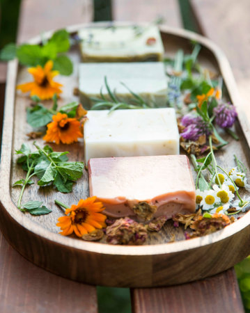 Natural soap with oil bottles and herbs, spa and wellness productsの写真素材