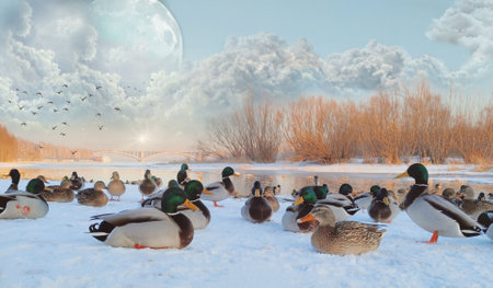 Winter landscape with ducks on a frozen lake, birds and the moonの写真素材