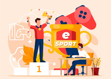 e-sport and competitive gaming championship illustration concept, professional online gaming competition flat illustrationのイラスト素材