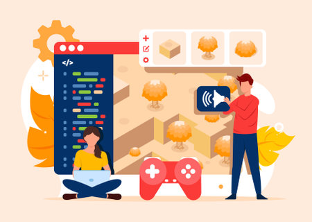 Game development concept. The creative process of a computer video game design. Digital technology, programming, and codding flat vector illustrationのイラスト素材