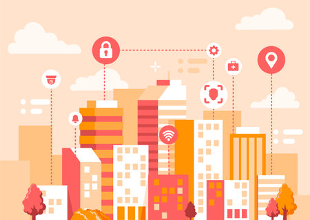 Urban landscape with infographic elements. Smart city. Modern city. Concept website template. Vector illustration.のイラスト素材