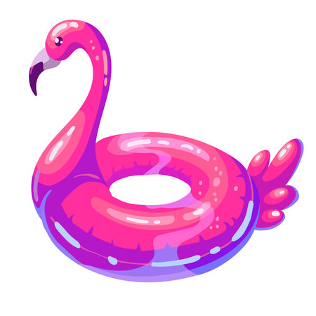 Swim ring in shape of flamingo. Cartoon illustration of rubber Inflatable pink flamingo. illustration on a white backgroundの写真素材