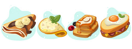 Set of four beautiful healthy food illustrations: pancakes with banana, omelet with mushrooms, toast with blackberries, sandwich with sausage and egg. Healthy eatingの写真素材