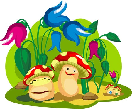 Mushroom family life in the colors of mushrooms and fungi young children character,のイラスト素材