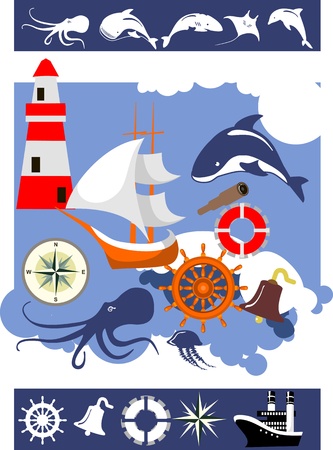 set of naval supplies, marine background, ships silhouettes of sea animalsのイラスト素材