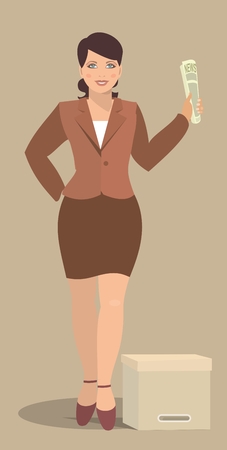 girl standing at full height with a newspaper in his hand, standing near the feet of boxesのイラスト素材