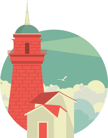 lighthouse shines a spotlight in a round emblem retro styleのイラスト素材