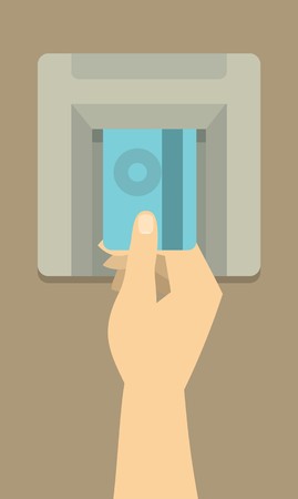 human hand inserts credit card at an ATM to get moneyのイラスト素材