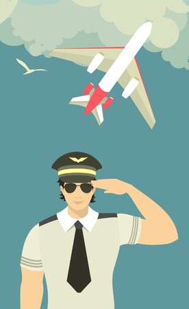 pilot of the plane on theman in the form of a pilot on the sky background with an airplane flying in the clouds sky backgroundのイラスト素材