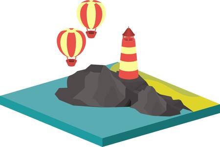 isometric illustration of sea landscape with an island in the sea and lighthouse on rocks flying balloonのイラスト素材