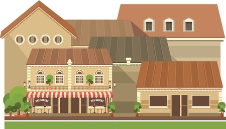 townhouse performed in flat style against the sky with a lot of detail on a white backgroundのイラスト素材