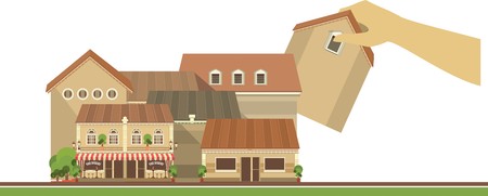 city street with a lot of houses human hands are home to install itのイラスト素材