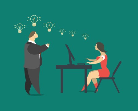 stylized characters and the chief secretary to the head of the workplace dictate their ideas, and the girl writes on a computer Secretanのイラスト素材