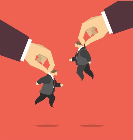 human hand holding the collar a little man manages the business concept puppetのイラスト素材