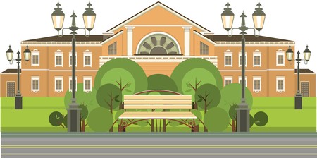 country house around the lawn bench for relaxing in the shade of treesのイラスト素材