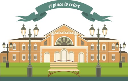 country house around the lawn bench for relaxing in the shade of treesのイラスト素材