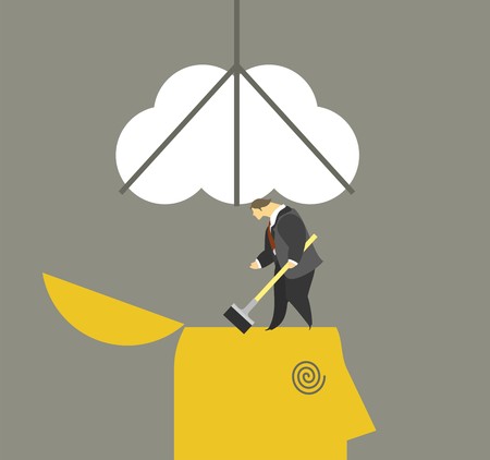 business concept little people wash and clean the human brain metaphor of brainwashingのイラスト素材