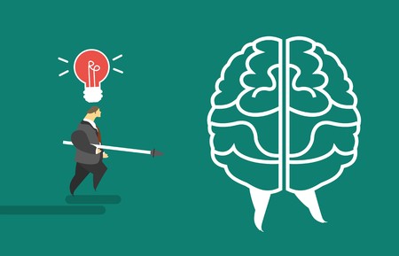 business concept man pushing forward on the brain metaphor brainstormingのイラスト素材