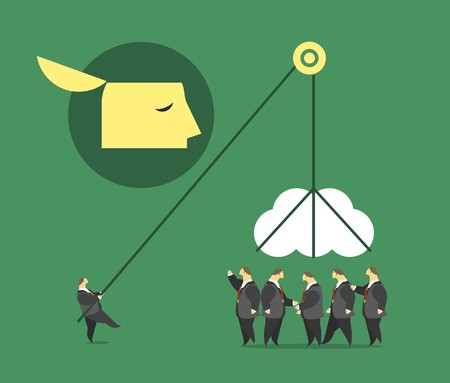 business concept character pulls a crowd big brain on the winch metaphor for the collective intelligenceのイラスト素材