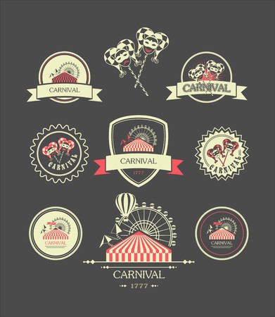 vintage badges of different shapes carnival carnival attributes on a dark backgroundのイラスト素材