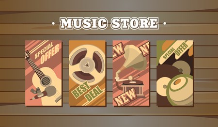 musical retro cardsset several cards with the image of musical symbols in retro style on a wood backgroundのイラスト素材