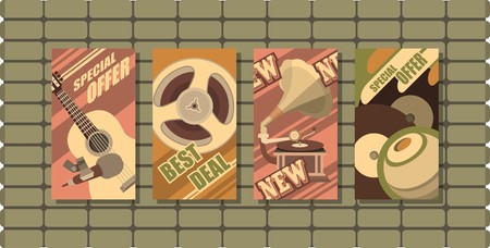 musical retro cardsset several cards with the image of musical symbols in retro style on a brick backgroundのイラスト素材