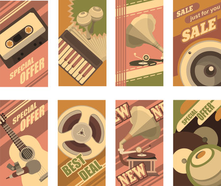musical retro cardsset several cards with the image of musical symbols in retro styleのイラスト素材