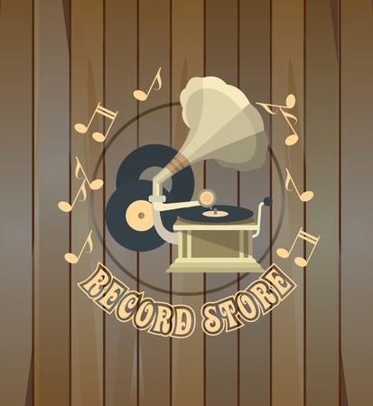 on wooden background logo in a circular shape gramophone with notesのイラスト素材