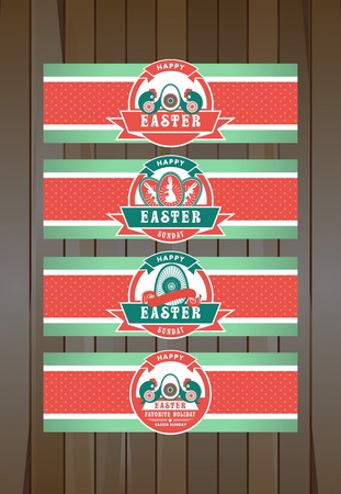 Easter set of logos and labels on the vertical background and lined with wooden boardsのイラスト素材