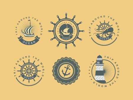Vintage badges seaset of vintage badges on the marine theme in a circular shape with elements of the marine themeのイラスト素材