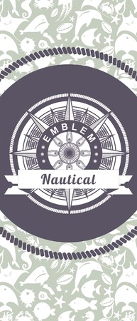 Marine emblem with wind rose round the outstretched leaflet on the background of sea animals and fishesのイラスト素材
