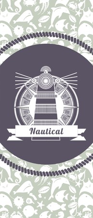 Marine emblem with a lighthouse in a circle on the outstretched leaflet with the background of marine animals and fishのイラスト素材