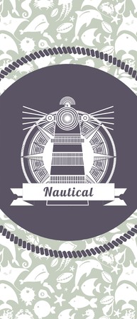 Illustration pour Marine emblem with a lighthouse in a circle on the outstretched leaflet with the background of marine animals and fish - image libre de droit