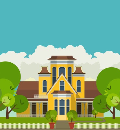 large country house in a flat style on against the sky and a small courtyardのイラスト素材