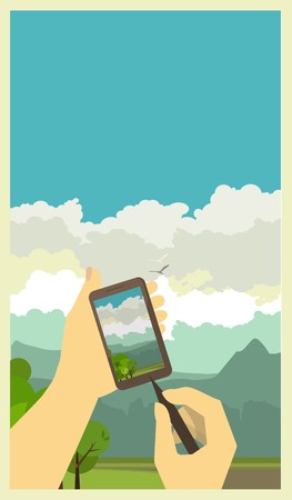 human hands holding the phone to photograph the beautiful countrysideのイラスト素材