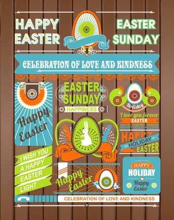 Set of easter elements and inscriptions collected on a wooden backgroundのイラスト素材