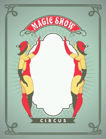 circus poster with a circus dancers in costumes standing by the frame for your textのイラスト素材