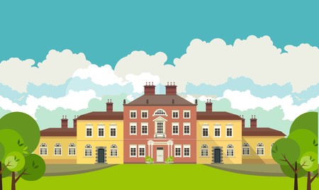 a large mansion near which is a beautiful park with trees and benches seating area in the countrysideのイラスト素材