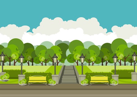 illustration of urban parks and green recreation area with benches and beautiful natureのイラスト素材